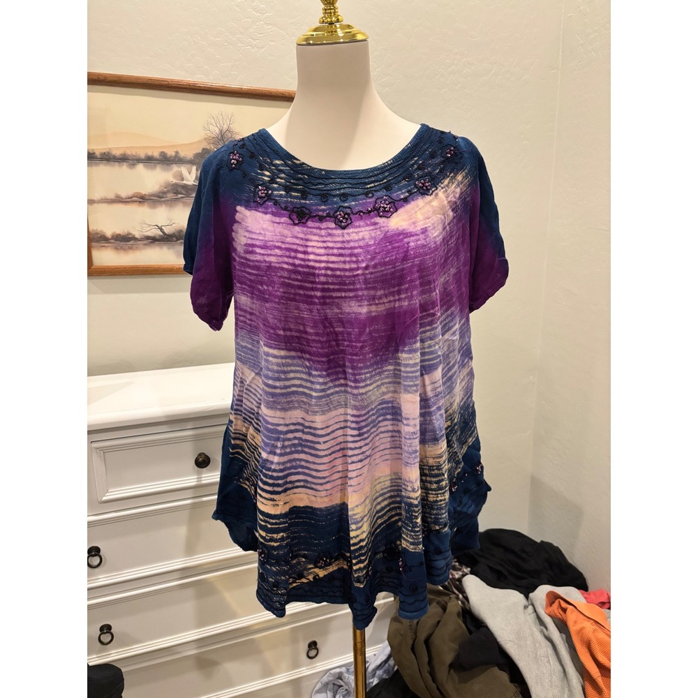 Boho fairy Tunic Purple Blue Tie Dye Embroidered Beaded Top Free Size